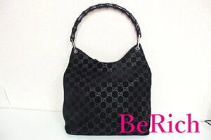 Gucci Shoulder Bag Bamboo GG Black Suede Hobo Handbag